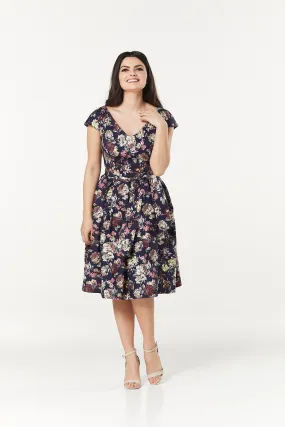 Mimi V Neck, Midi floral Cotton Sateen Dress