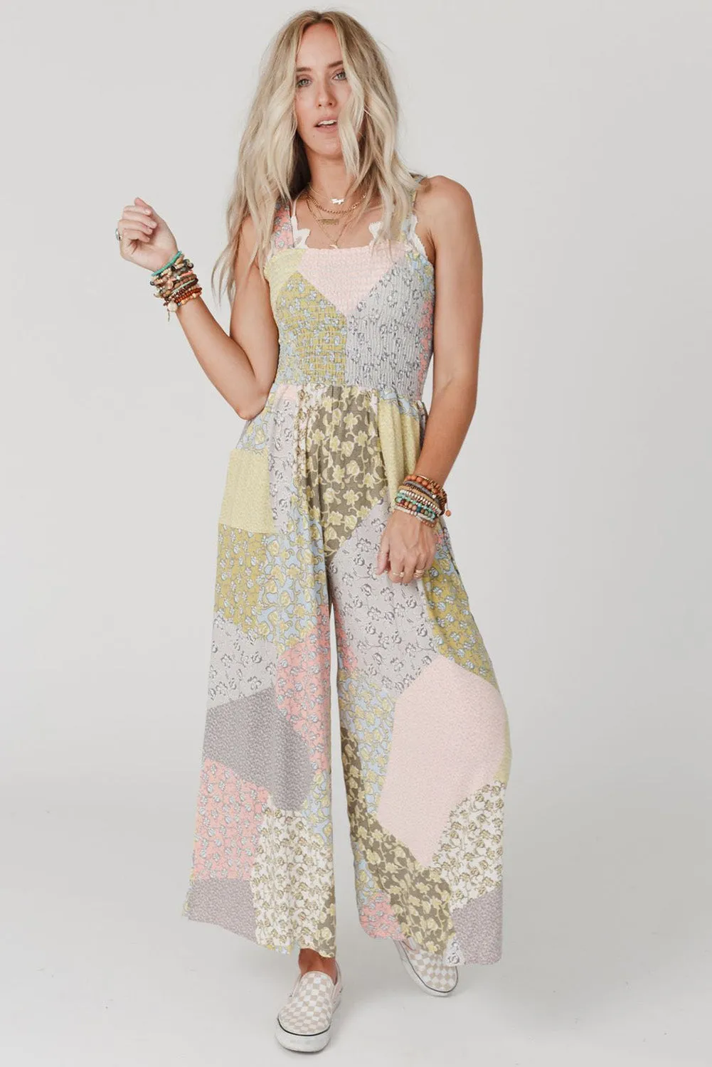 Multicolor Irregular Patchwork Print Smocked Wide Leg Jumpsuit