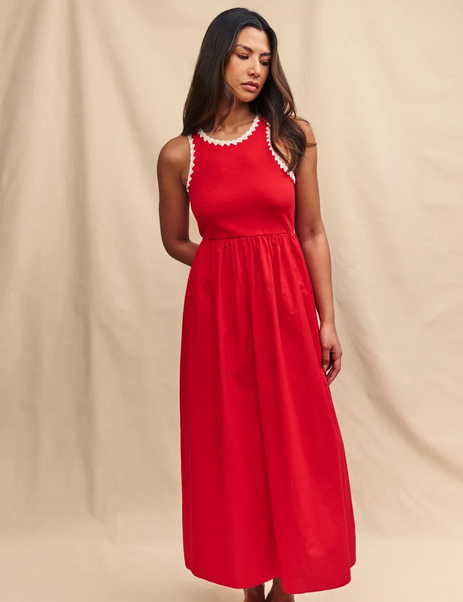 Red Crochet Trim Seattle Midi Skater Dress