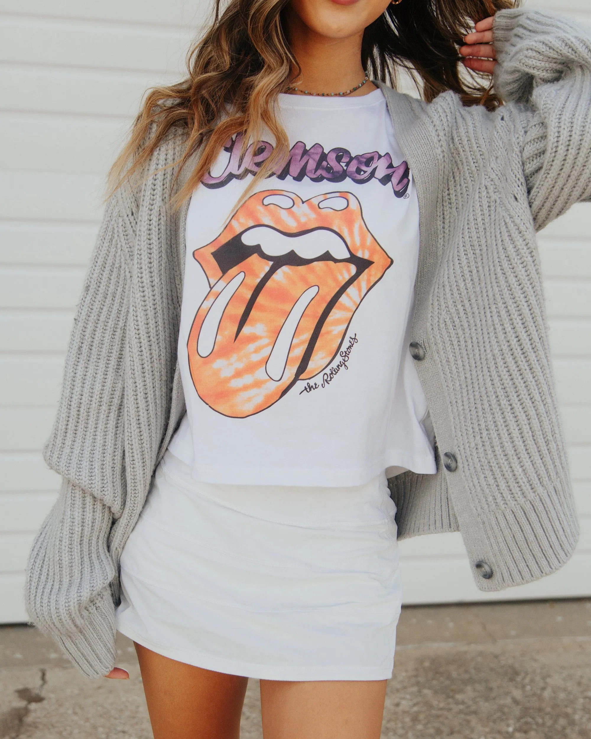 Rolling Stones Clemson Tigers Tie Dye Lick White Cropped Tee