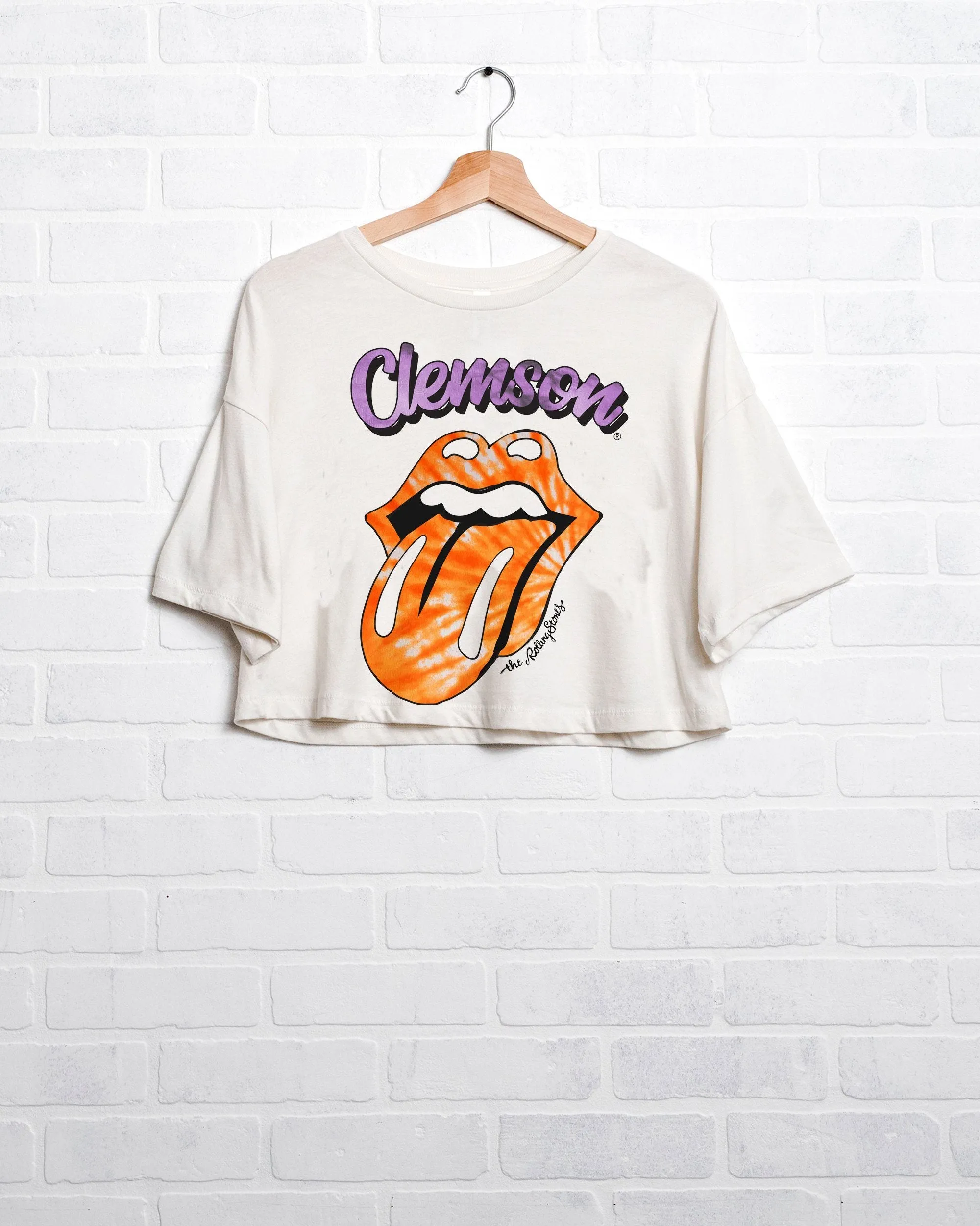 Rolling Stones Clemson Tigers Tie Dye Lick White Cropped Tee