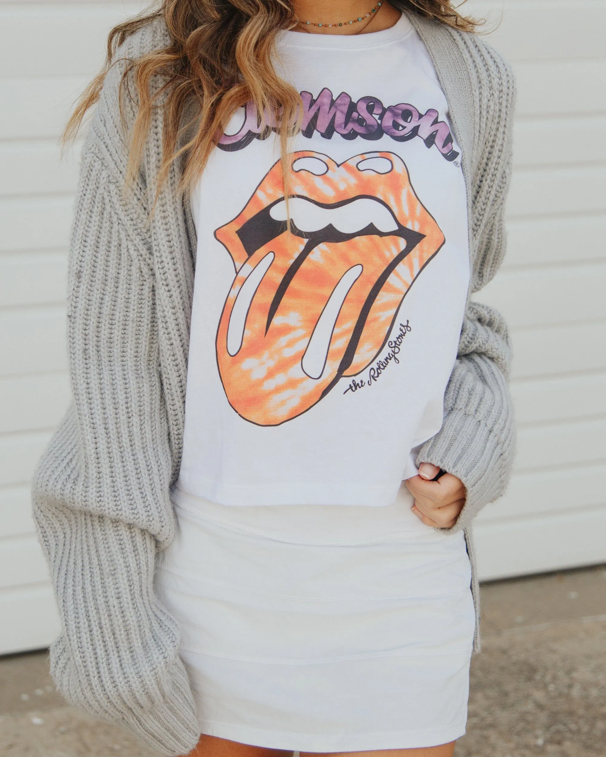 Rolling Stones Clemson Tigers Tie Dye Lick White Cropped Tee