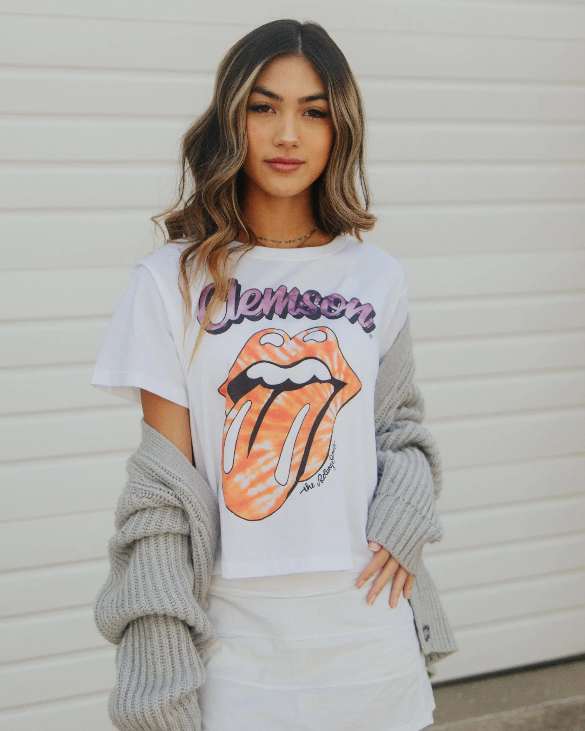 Rolling Stones Clemson Tigers Tie Dye Lick White Cropped Tee