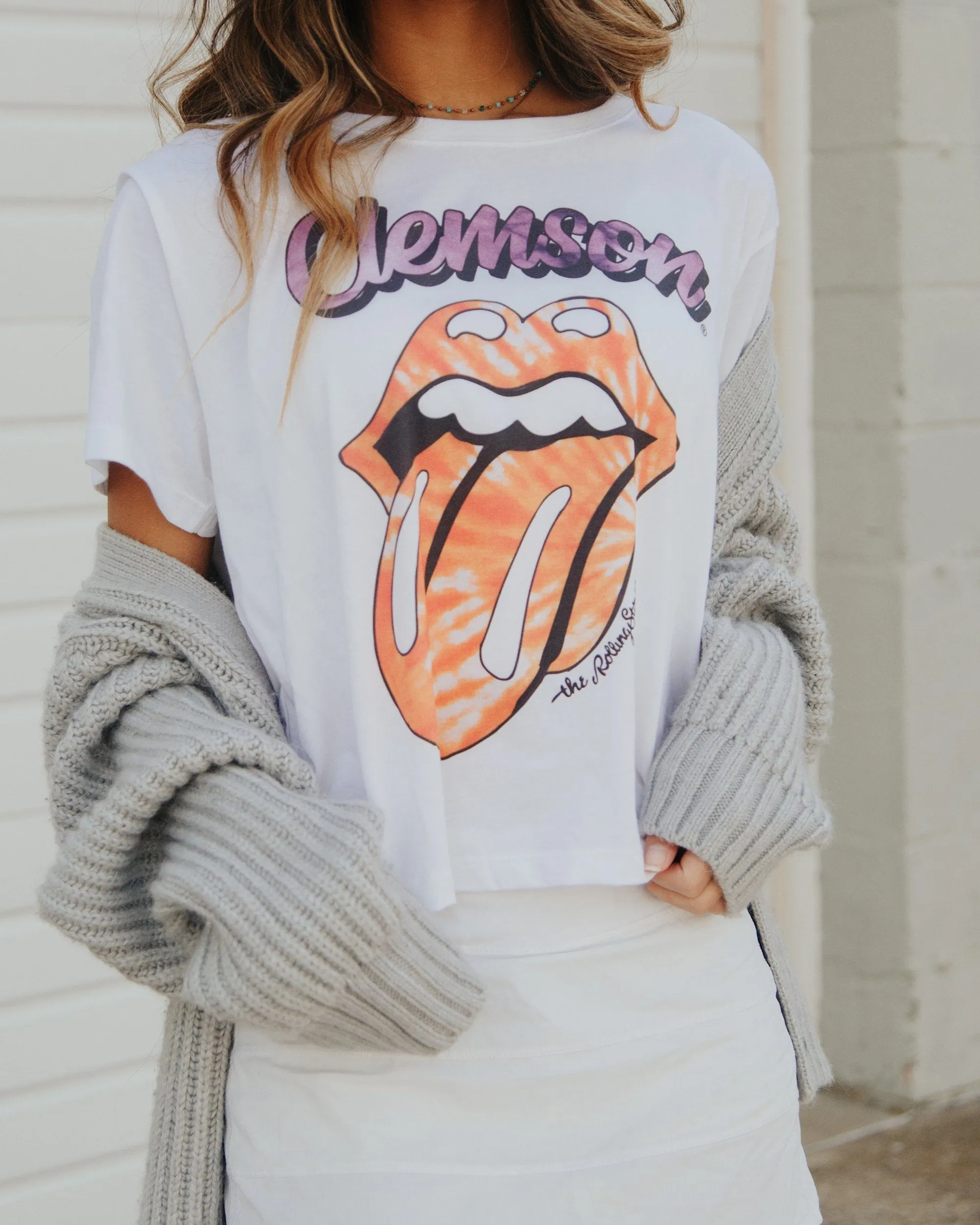 Rolling Stones Clemson Tigers Tie Dye Lick White Cropped Tee