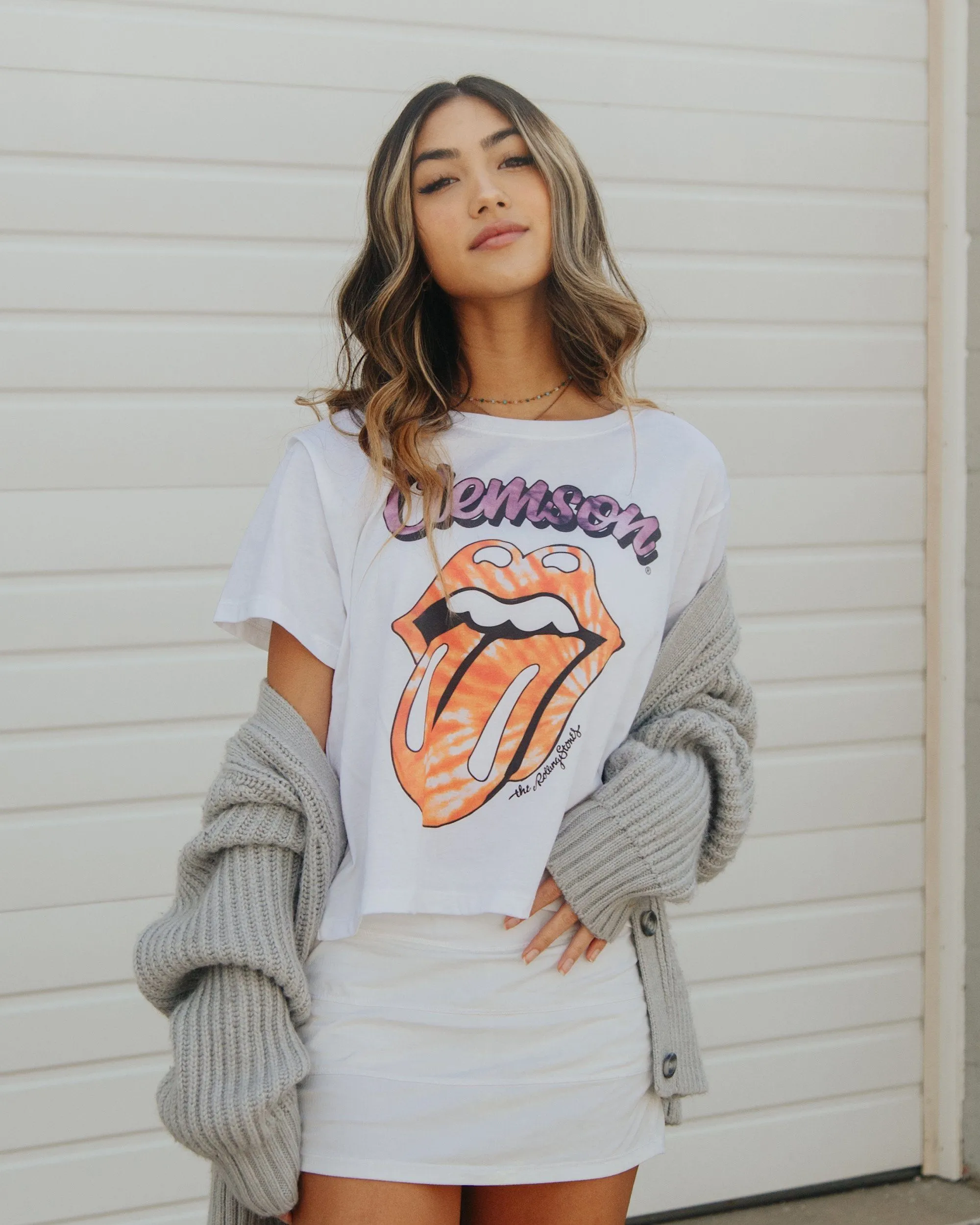 Rolling Stones Clemson Tigers Tie Dye Lick White Cropped Tee