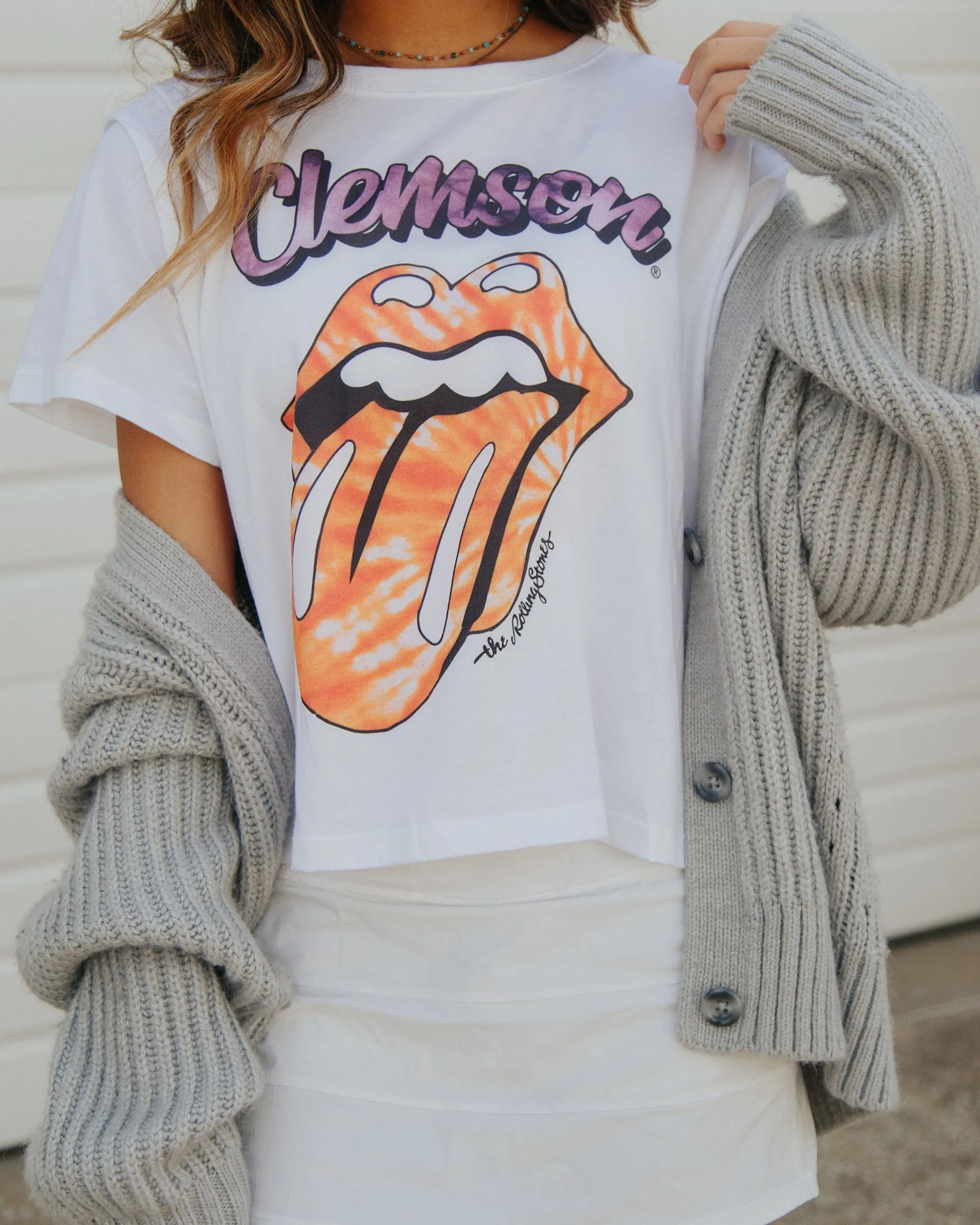 Rolling Stones Clemson Tigers Tie Dye Lick White Cropped Tee