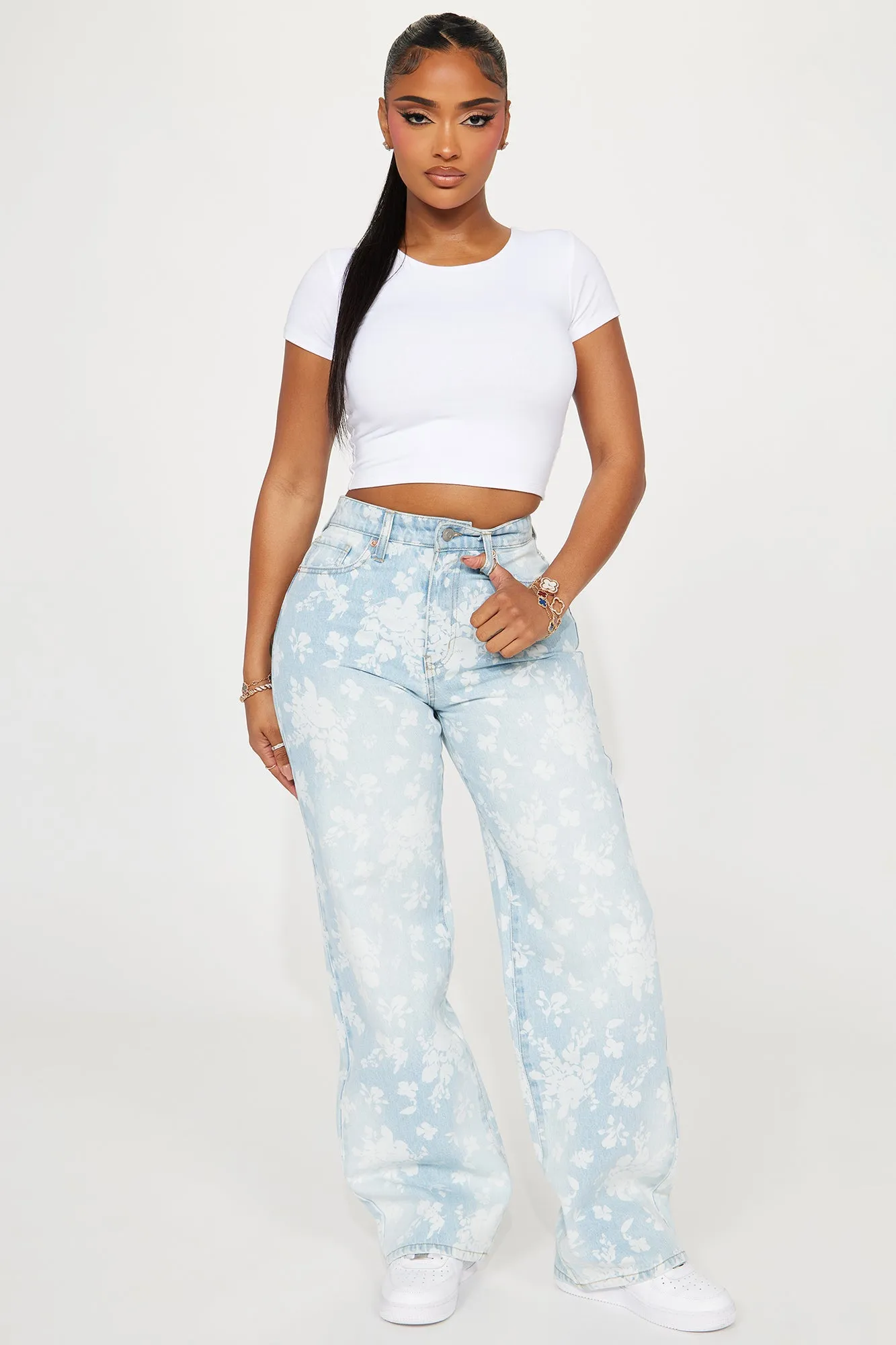 Rosalie Floral Baggy Jeans - Light Wash