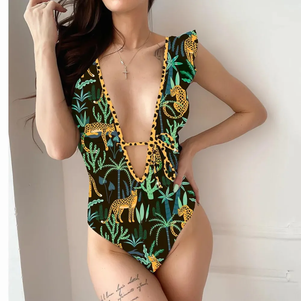 Ruffled Front Tie Floral Swimsuit Deep V One Piece Bathing Suit