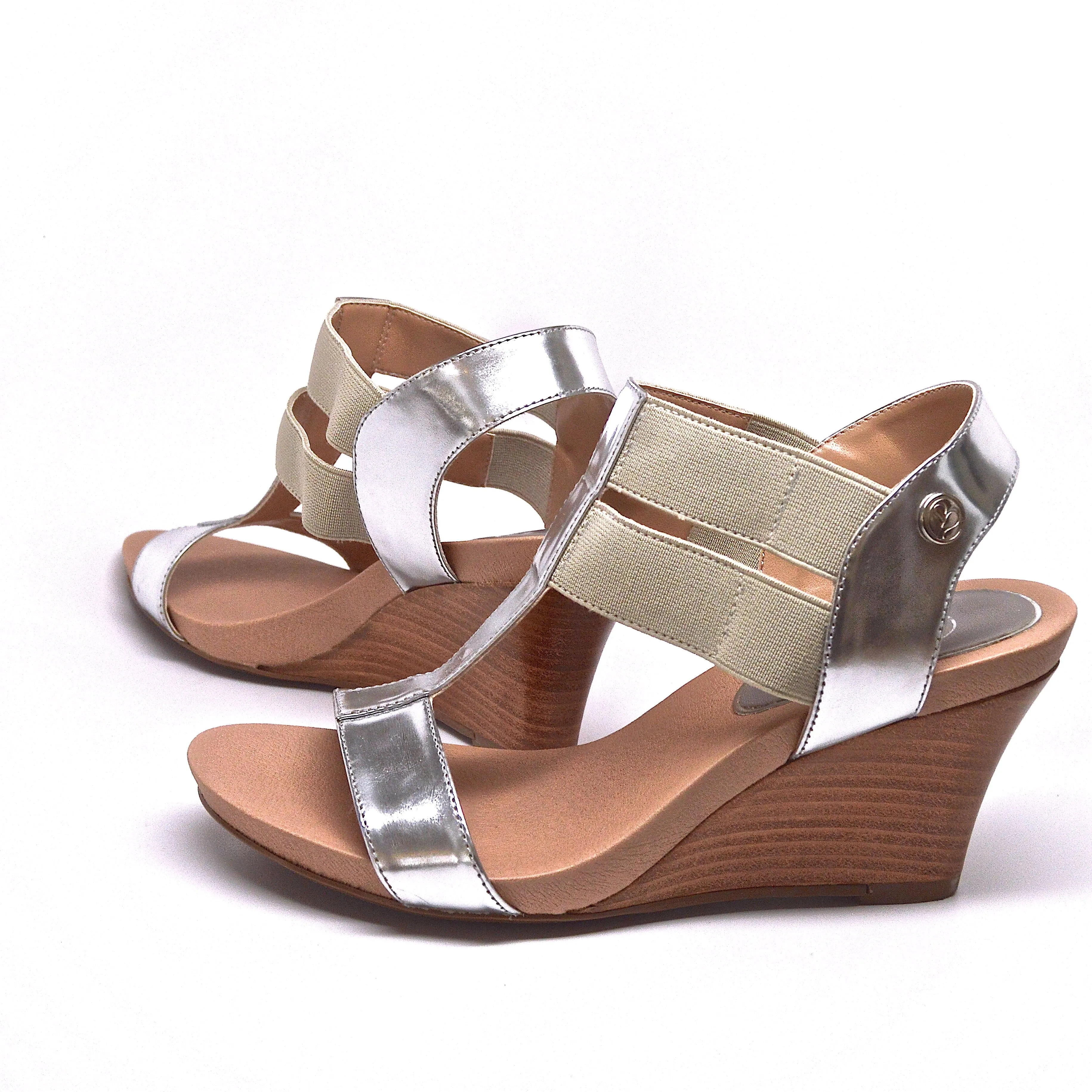 STRETCH WEDGE HEEL - SILVER/TAN LEATHER