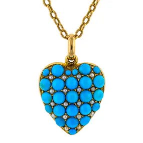 Victorian Turquoise & Pearl Heart Locket Pendant Necklace