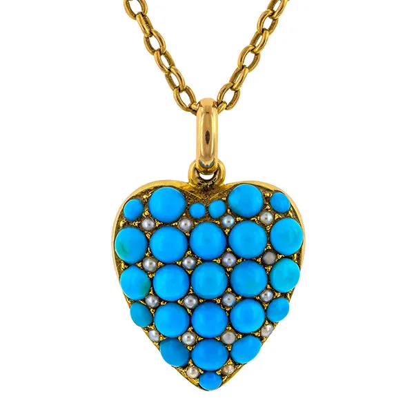 Victorian Turquoise & Pearl Heart Locket Pendant Necklace