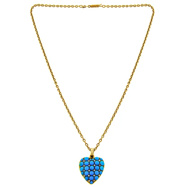 Victorian Turquoise & Pearl Heart Locket Pendant Necklace