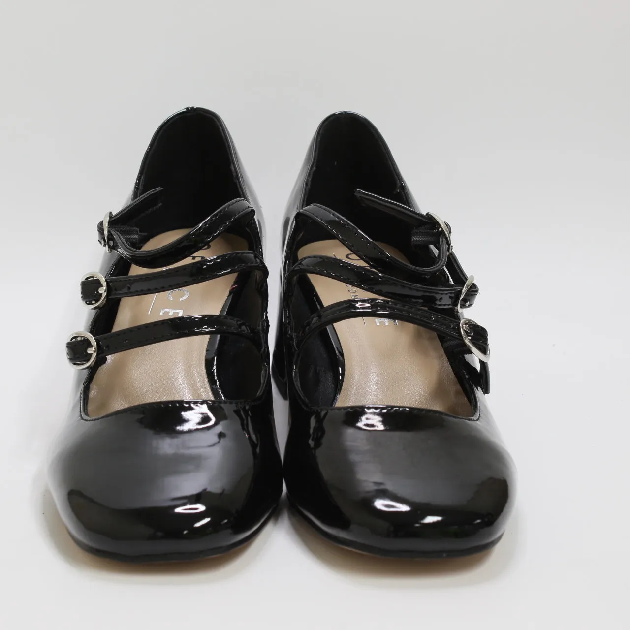 Womens Office Marvel Triple Strap Mary Jane Block Heels Black Patent